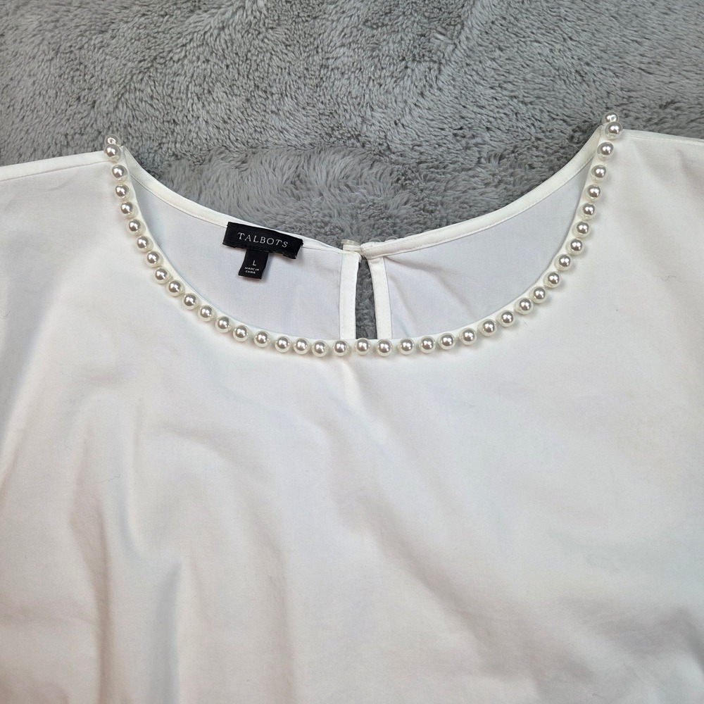 Talbots Pearl Neck Blouse Womens L White Long‎ Sleeve Side Zip CN2806 - Picture 6 of 10